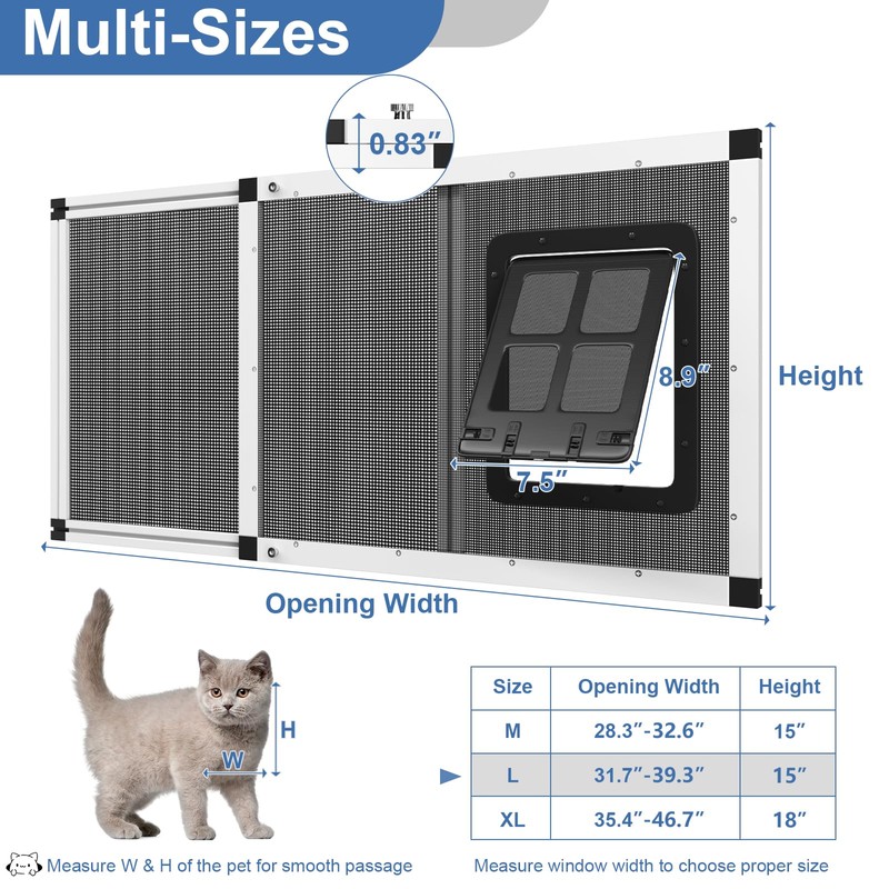 Adjustable Ventilated Pet Door for Window 31.7"-39.3" Wide, White Aluminum