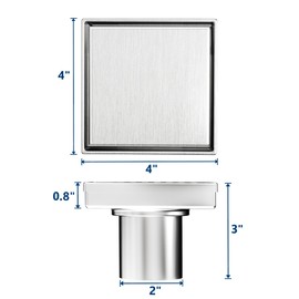 Neodrain 4-Inch Square Shower Drain with Removable Tile Insert Grate,Brushed 304 Stainless Steel,CUPC Certified, Includes Hair Strainer