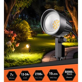 MEIKEE 7W Low Voltage Landscape Lighting with Connectors, 2700K Warm White Landscape Lighting, IP66 Waterproof Outdoor Spotlights for Garden, Driveway, Yard, Lawn(1 Pack)