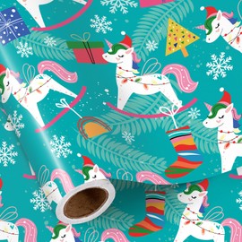 RUSPEPA Christmas Unicorn Wrapping Paper Roll, Mini Roll, Cute Unicorn Rocking Horse and Gift Boxes Design, Teal Gift Wrap Paper for Girls, Friends, Family, Holiday Gifts, 17 Inches x 16.4 Feet