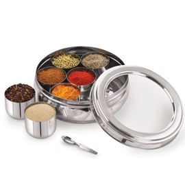 ARTISENIA High Grade Stainless Steel Spice Container 7 Containers and Small Spoon Orange See Through Masala Box Indian Masala Dabba with size 7.5 X 7.5 inches