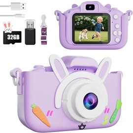 ELECGO Cámara Infantil,Pantalla HD 1080P de 2,0 Pulgadas Cámara Dual con Tarjeta de 32 GB,con Funda de Silicona,Cámara de Juguete para Niñas de 3 a 12