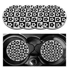 DXNQ 4 PCS Car Cup Coasters, 2.76 Inch Anti-Slip Checkered Vehicle Cup Holder Insert Coasters, Auto White & Black Drink Cup Mats for Front Console Cup Holders, Car Accessories (Flower)