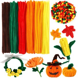 UPINS 550PCS Fall Pipe Cleaners Craft Supplies,Chenille Stems Pom Poms Set for Crafts Making DIY Autumn Thanksgiving Party Decorations (6 Colors)