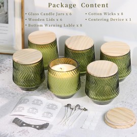 LAMORGIFT 6 Pcs 13.5 OZ Green Large Candle Jars for Making Candles, Ribbed Unique Candle Jars, Glass Jars with Wooden Lids and Labels for Candle Making Supplies, Container, Green Table Decor, Gift