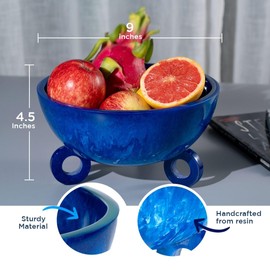 Folkulture Fruit Bowl for Kitchen Counter | (9") Blue Resin Decorative Bowl | Centerpiece Table Decorations | Fruit Basket for Coffee Table Décor | Kitchen Counter Décor, Pedestal Bowl