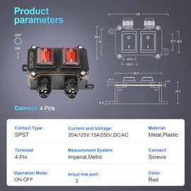 OELFFOW Waterproof On Off Toggle Switch Double Switch/Outlet with Red Light Rocker Button Inline Cord Switch DPST AC/DC 20A-125V,16A-250V,30A-24V,35A-12V, IP66