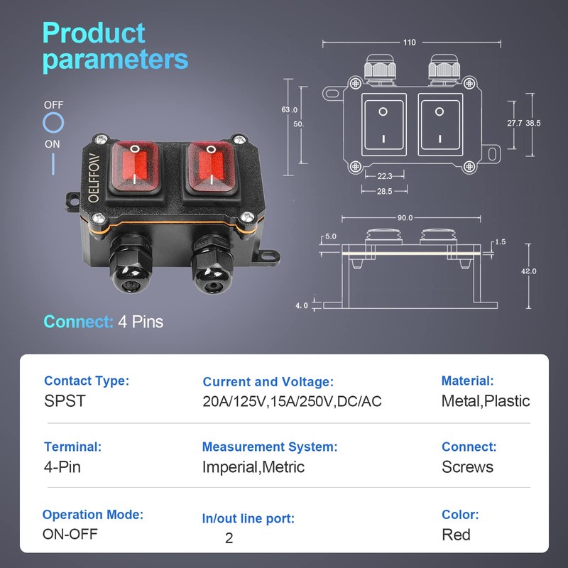 OELFFOW Waterproof On Off Toggle Switch Double Switch/Outlet with Red