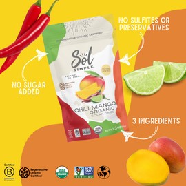 SOL SIMPLE Regenerative Organic Certified ® | Dried Chili Mango | Three Ingredients | Vegan | Non-GMO | No Added Sugar | Fair Trade | Dried Fruit | No Sugar Added | Organic