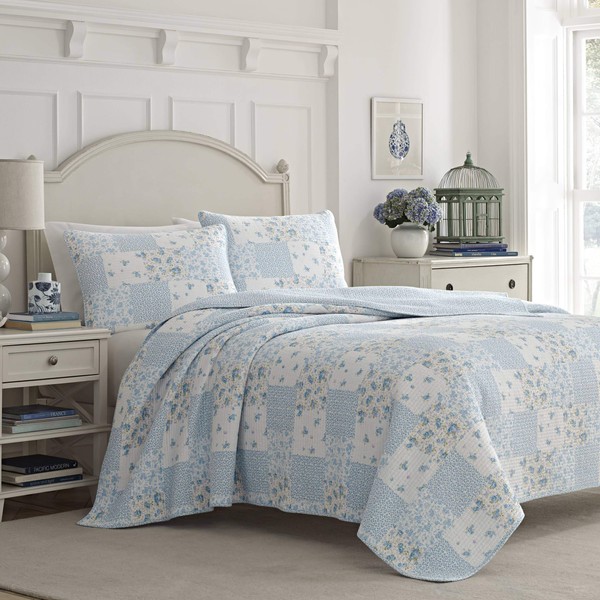 Laura Ashley Home - Kenna Collection - Quilt Set - 100% Cotton, Reversible, Lightweight Bedding with Matching Sham(s), Pre-Washed for Added Softness, Queen, Cornflower