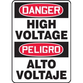 Accuform SBMELC114VS Adhesive Vinyl Spanish Bilingual Sign, Legend "Danger HIGH Voltage/PELIGRO Alto VOLTAJE", 14" Length x 10" Width x 0.004" Thickness, Red/Black on White