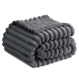 RUIKASI Soft Fleece Blanket Dark Grey Throws - Fluffy Warm Throw Blanket for Sofa Couch, Luxury Plus Ribbed Jacquard Bed Blanket Single Size, 130x150 cm