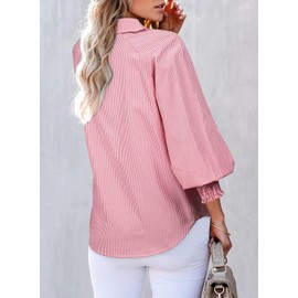 Astylish Womens Trendy Collar Long Sleeve Henley Shirts Fine Striped V-Neck Button Down Teacher Tops Blouse for Pocket Shirred Fiery Red Large