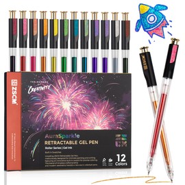 ZSCM Retractable Super Glitter Gel Pens, 12 Colors Large Capacity Metallic Sparkle Gel Ink Pens, 1 mm Fine Point Smooth Writing Color Pen for Adult Coloring Book Note Taking Aesthetic Art Supplies