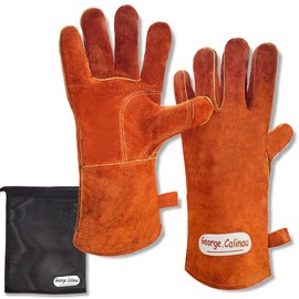 George.Calinou Heat Resistant Gloves, Leather, Camping, BBQ, Wood Stove, Work, Bonfire, Cooking, Kitchen, Pot, Oven, Welding