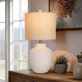 QiMH White Ceramic Table Lamps for Living Room, Bedside Lamps with Textured Finish, Large Farmhouse Table Lamps Ginger Jar Style, Nightstand Lamps for Bedroom Home Office, with Linen Shade & LED Bulb