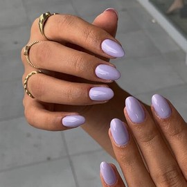 Sxvme Uñas Postizas Cortas De Color Lila, Uñas Redondas Ovaladas Con Pegamento, Uñas Postizas Cortas De Color Violeta Claro, Uñas Postizas Acrílicas H