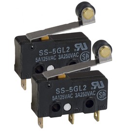 Switch Snap Action SS-5GL2 (Pack of 2) N.O./N.C. Single Pole, Double Throw Hinge Roller Lever Solder 5A 250VAC 14 Volt 0