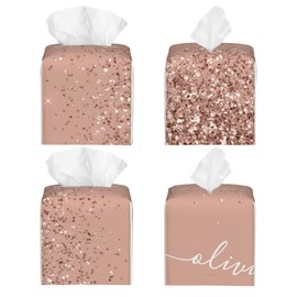 Tissue Box Cover Blush Pink Rose Gold Glitter Modern PU Leather Square Tissue Box Holder - Decorative Holder/Organizer for Bathroom Vanity Countertop, Night Stands, Office Desk & Car 5"X5"X5"