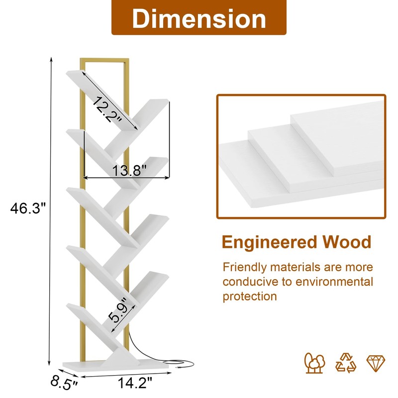 Qupui Tree Book Shelf with LED Lights, 9 Tier Floor