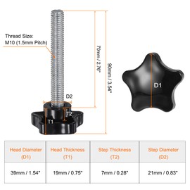 sourcing map 4pcs Star Clamping Knobs M10 x 70mm Metric Male Thread 39mm Large Plastic 5-Star Head Hand Tightening Thumb Screw Jig Knob Handle, Black
