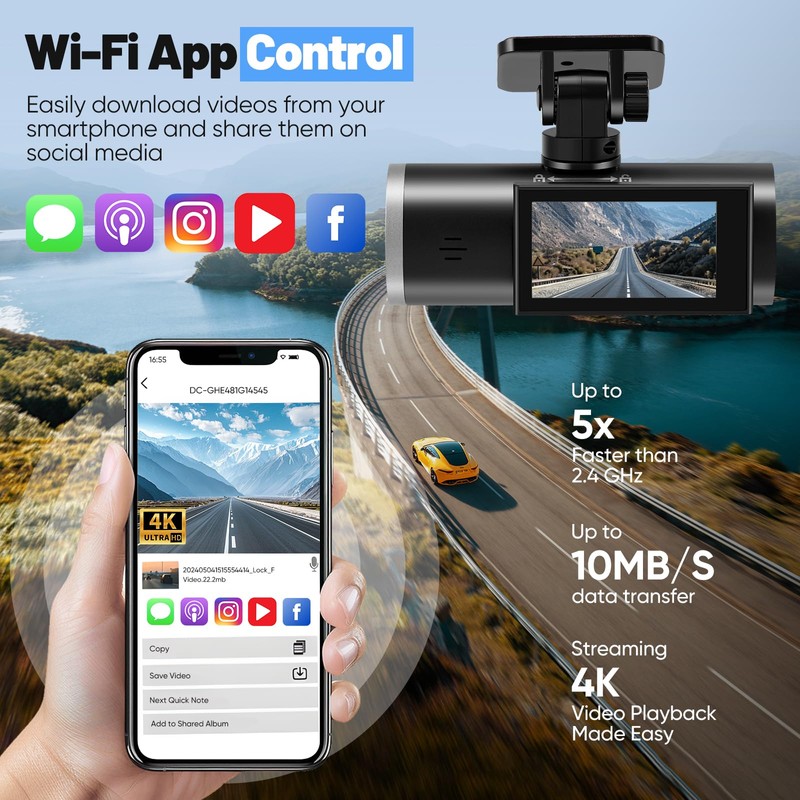 Dash Cam Front and Rear 4K+1080P, Built-in WiFi Dual Car