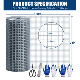 Hardware Cloth 1/2 Inch 24 in x 100 ft 19 Gauge, Hot Dip Galvanized Wire Mesh Rolls Welded Chicken Wire Fencing for Chicken Coop Barrier, Poultry Netting Cage Wire Fence(1/2 inch 24''× 100')
