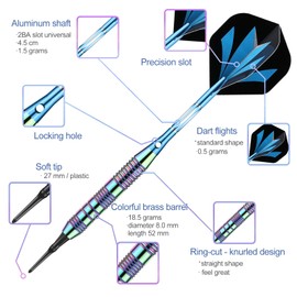 sanfeng Darts with plastic tip for electronic dartboard, 21 g, soft darts with blue aluminium shaft, 6 flights, 50 anti-loose rubber rings, 50 tips