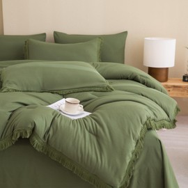 Andency Full Size Comforter Set with Sheets Olive Green -7 Pieces Bed in a Bag Boho Tassel Bedding Sets, All Season Fringe Bed Set with Comforter, Sheets, Pillowcases & Shams