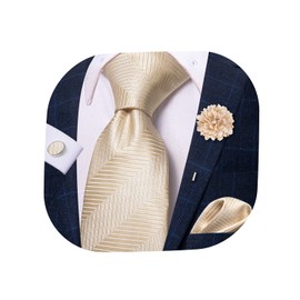 Hi-Tie Men Beige Striped Tie Lapel Pin Set Pocket Square Cufflinks Formal Woven Silk Tie Sets Wedding Party