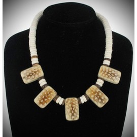 Fringe Necklace Natural Spotted Feather Wood Bead Brown White Handmade 17 3/4" Statement Chunky Pendant Rhinestone Necklace for Women