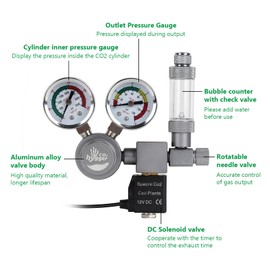 Aquarium Co2 Regulator, Dual Gauge Accurate Display, with 12V DC Solenoid Valve, Bubble Counter and Check Valve,for Establishing CO2 System in Aquatic Plant Tank