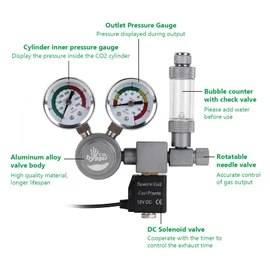 Aquarium Co2 Regulator, Dual Gauge Accurate Display, with 12V DC Solenoid Valve, Bubble Counter and Check Valve,for Establishing CO2 System in Aquatic Plant Tank
