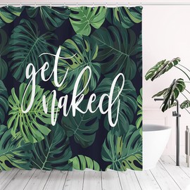 Tititex Tropical Palm Leaves Shower Curtain Sets, Cute Get Naked Quotes Green Black Plant Bathroom Decoration 71x71 Inch with Hooks