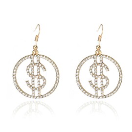 Crystal Dollar Money Sign Circle Dangle Drop Earrings for Women Personality Glitter Sparkly Crystal Cubic Zirconia Round Rich Symbol Gold Silver Plated Statement Hook Earrings for Dance Party Fashion Jewelry Gifts (Gold)