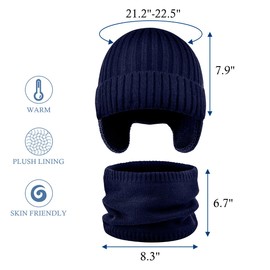 KIRAAT - Juego de gorro y bufanda para niños de 5 a 12 años para niños, gorro de esquí de punto cálido de invierno con forro polar, Azul marino, Talla única