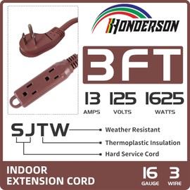 HONDERSON 3-Outlets Flat Plug Indoor Extension Cord Outlet Extender, UL Listed, 16 Gauge 3FT Brown 3 Prong Heavy Duty, 16/3 SJTW 13A Power Strip
