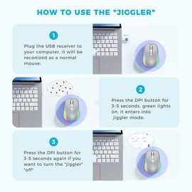 PEIOUS Wireless Mouse Jiggler - LED Wireless Mice with Build-in Mouse Mover, Rechargeable Moving Mouse for Laptop with Undetectable Random Movement Keeps Computers Awake - Silver