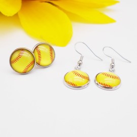 2 Pairs of Stainless Steel Softball Earrings for Women Hypoallergenic Glass Softball Cabochon Earring Studs Hooks Softball Player Fan Gift