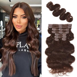 AIWET Wavy Clip in Hair Extensions 100% Real Human Hair 8Pcs 130g Body Wave Human Hair Clip in Extensions Seamless Invisible Chocolate Brown Human Hair Extensions for Women (#4,22 Inch)
