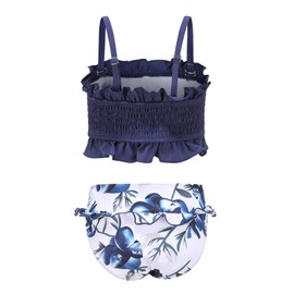 Aisyee Girls Two Piece Bikini Swimsuits Smocked Bathing Suit Kids Hawaiian Floral Swimwear Navy Blue Size 12/10-12