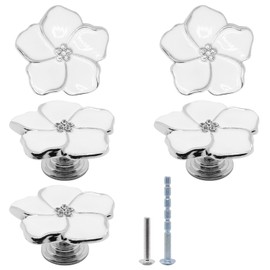 YuGtcen 5pcs Flower Cabinet Knobs, Floral Drawer Knobs Petal Flower Knob for Dresser, Cute Handles Pulls for Girl's Room, Cupboard, Kitchen, Wardrobe, Furniture (White Silver)
