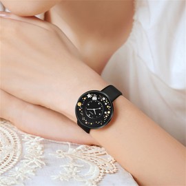 JewelryWe Women Simple Watch Exquisite Double Layer Stereo Dial with Star Decoration Ladies Quartz Dress Watch for Xmas Valentines Day