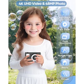 CIMELR Digital Camera, UHD 4K Kids Camera, 48MP 16x Digital Zoom Point and Shoot Camera, Auto Focus, 3-Speed Fill Light, Anti-Shake Compact Small Camera for Teen Adult Beginner(Black)