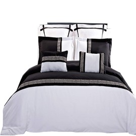 sheetsnthings Embroidered Microfiber 8PC Full/Queen Size Comforter Set (Black with White) Includes Astrid Duvet Cover Set and A Down Alternative Comforter