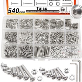 Taiss 540PCS M2 M3 Screws Kit M2 M3 x 4mm/6mm/8mm/10mm/12mm/16mm/20mm 304 Stainless Steel Metric Screws Assortment Button Head Socket Cap Head Screws Bolts with Nuts/Washer/Wrenches