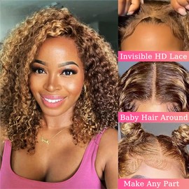 Highlight Ombre 13x6 Bob Wig Human Hair Deep Curly Frontal Lace Wig Human Hair HD Transparent Lace Front Wigs Pre Plucked Lace Frontal Wigs 16 Inch