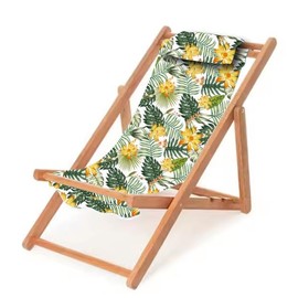 Children’s Vintage Sun Lounger Sling Chair | Wooden Frame with Canvas Fabric | Outdoor Folding Deck Chair for Kids Ages 5+ | Portable & Lightweight for Backyard, Poolside, or Beach (Tropical Bloom)