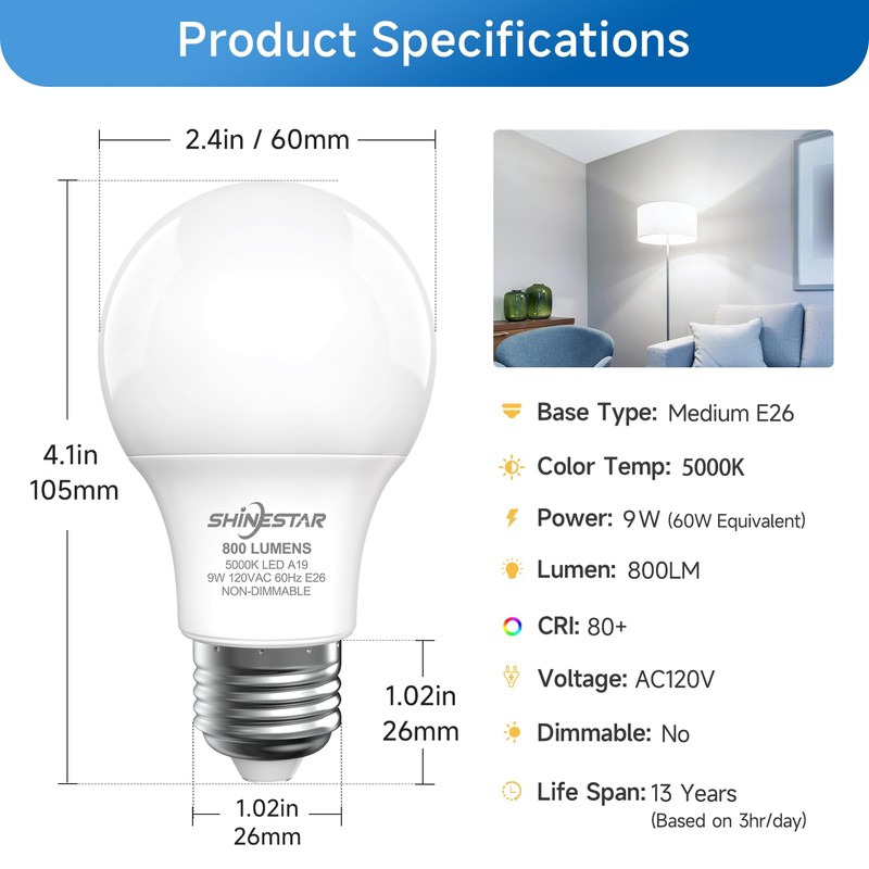 SHINESTAR A19 LED Light Bulb, 60 Watt Light Bulbs 5000K