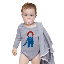 Baffle Chuckie Inspired Nineties Baby Bodysuit, Horror Onesie (Grey Long Sleeve, 3-6 Months)